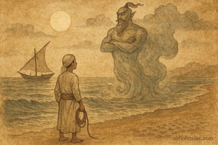 Parchment-style illustration of Saeed meeting the Marid at the shore, Qatari folktale