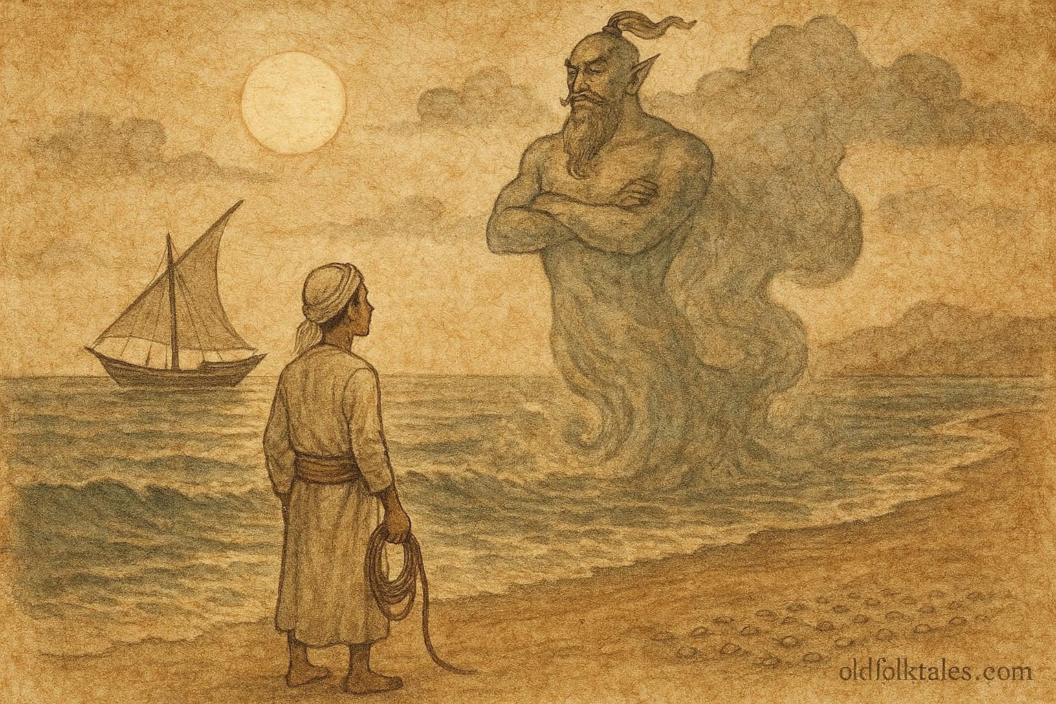 Parchment-style illustration of Saeed meeting the Marid at the shore, Qatari folktale