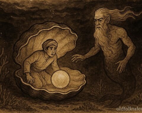 Parchment-style illustration of Hamad underwater meeting the Marid in the Arabian Gulf.