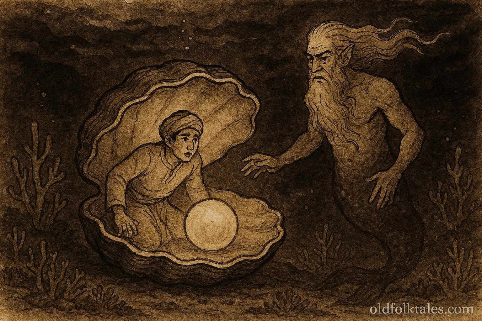 Parchment-style illustration of Hamad underwater meeting the Marid in the Arabian Gulf.