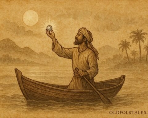 Parchment style artwork of a pearl diver holding a glowing pearl, Omani folktale from Masirah Island.