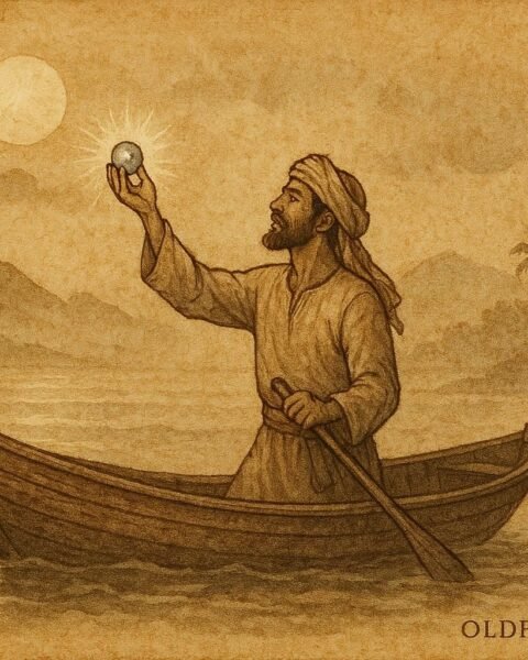 Parchment style artwork of a pearl diver holding a glowing pearl, Omani folktale from Masirah Island.