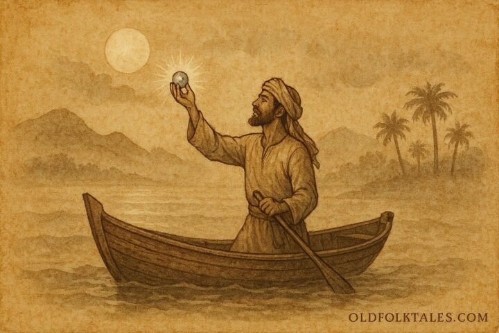 Parchment style artwork of a pearl diver holding a glowing pearl, Omani folktale from Masirah Island.