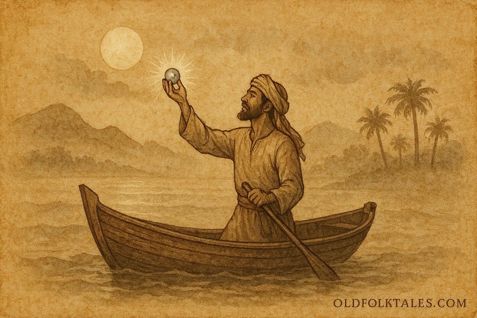 Parchment style artwork of a pearl diver holding a glowing pearl, Omani folktale from Masirah Island.