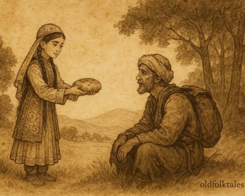 Parchment-style artwork of the Poor Woodcutter’s Daughter showing kindness, Uzbek folktale scene.