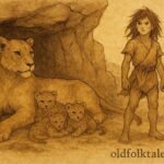 Parchment-style illustration of a wild prince standing beside a lioness in an Israeli folktale.