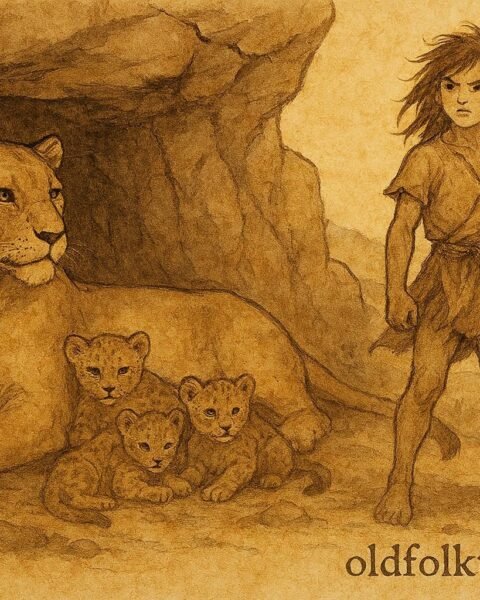 Parchment-style illustration of a wild prince standing beside a lioness in an Israeli folktale.