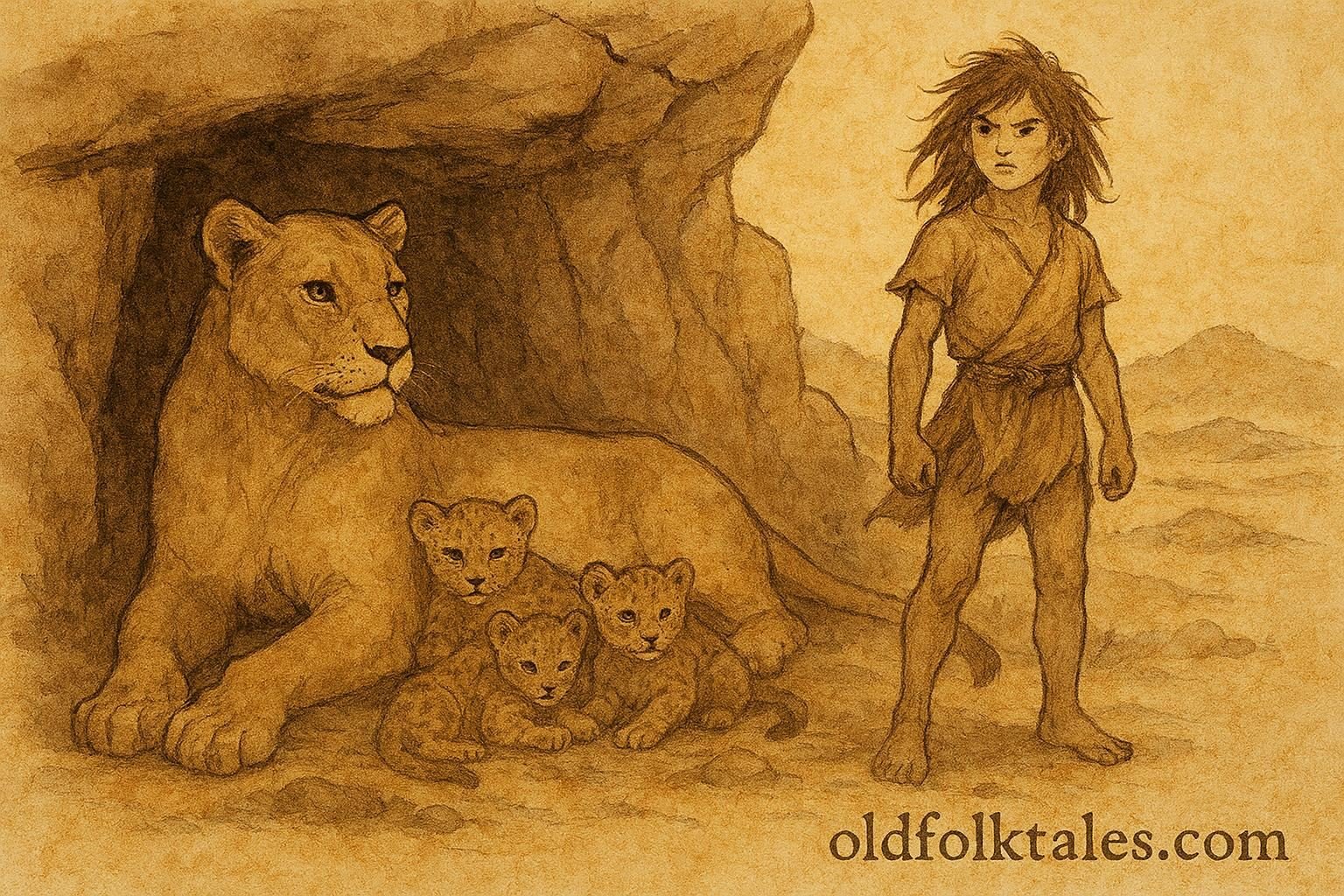 Parchment-style illustration of a wild prince standing beside a lioness in an Israeli folktale.