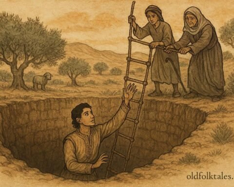 Parchment-style illustration of a Syrian prince being rescued from a pit by humble helpers.