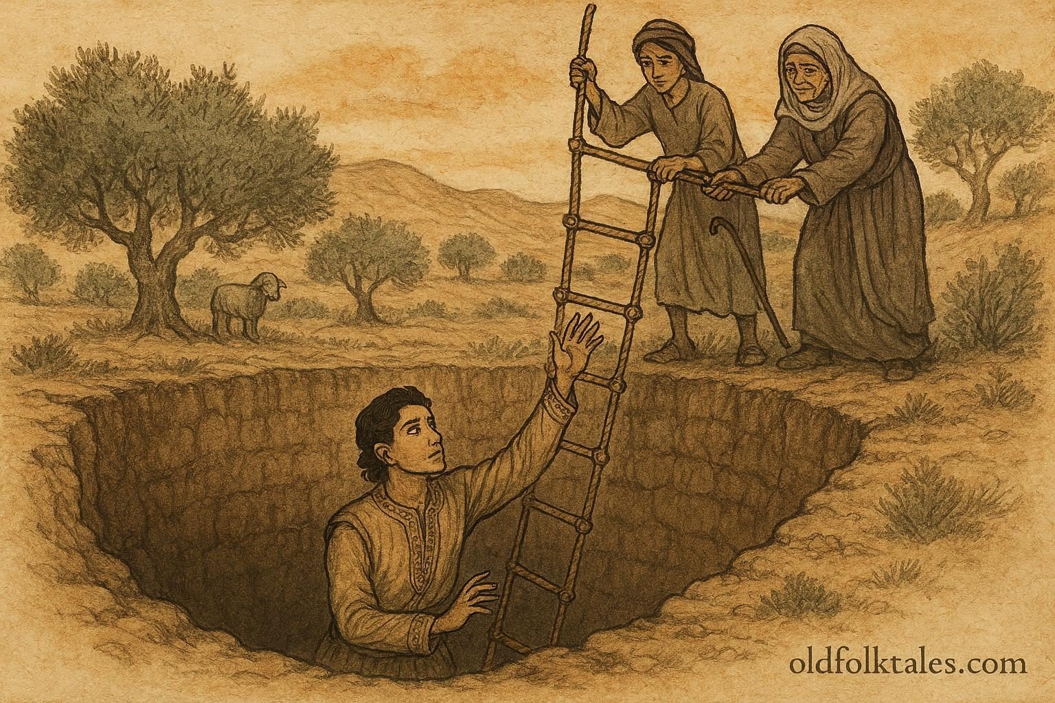 Parchment-style illustration of a Syrian prince being rescued from a pit by humble helpers.