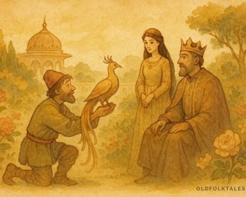 Parchment-style illustration of a palace guard presenting a mythical bird to a princess in a Palestinian folktale.