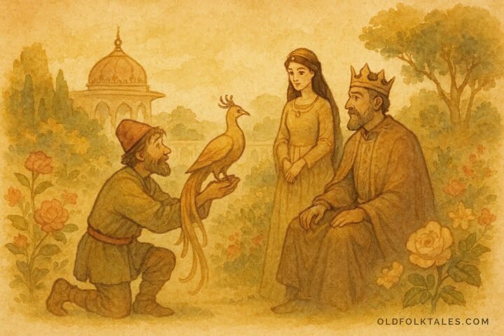 Parchment-style illustration of a palace guard presenting a mythical bird to a princess in a Palestinian folktale.