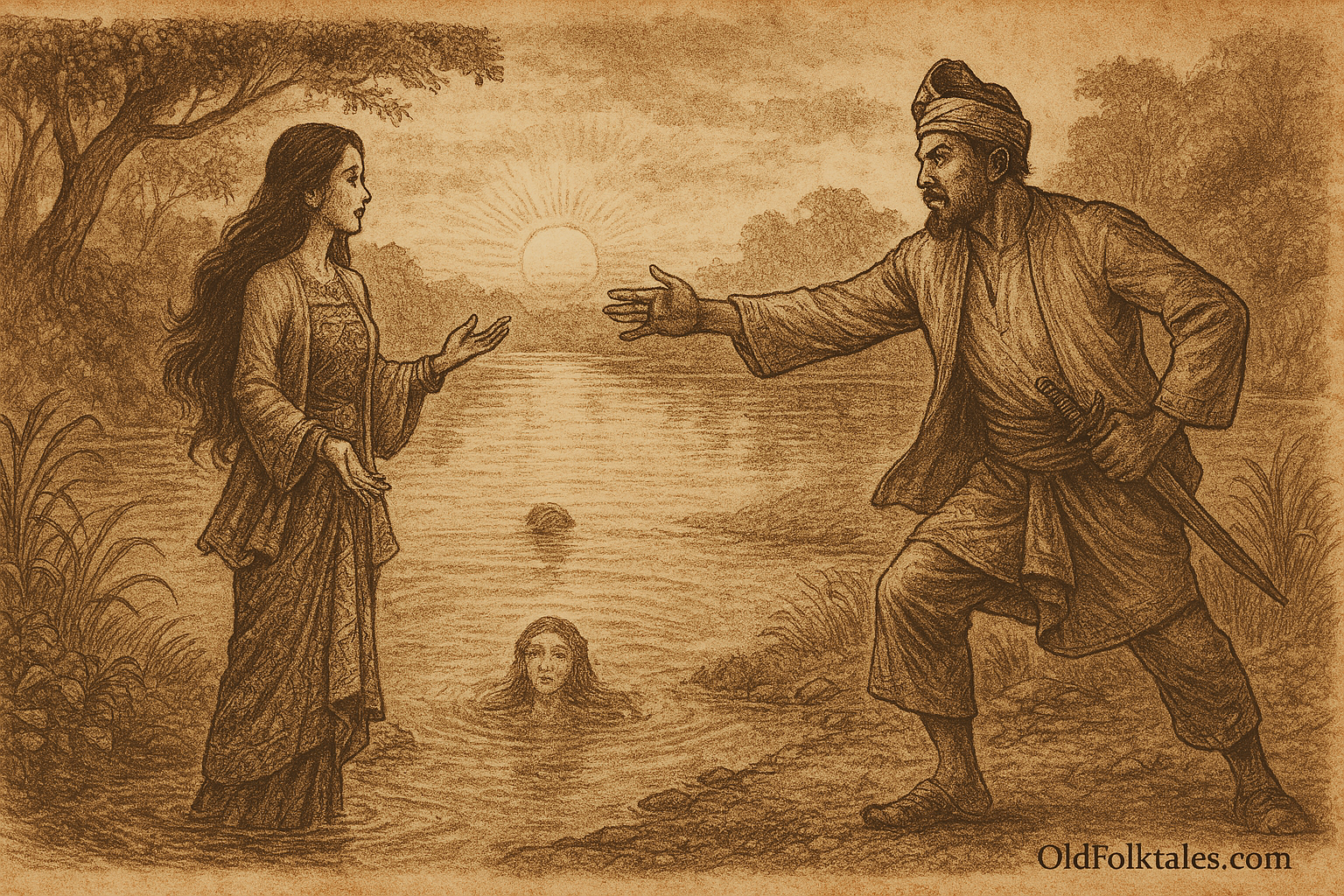 Sepia-toned illustration on aged rice parchment showing a mystical dawn scene at Sungai Petani River. On the left, a translucent spirit woman in traditional Malay batik stands serenely at the water’s edge, her gaze distant and sorrowful. On the right, Dato’ Mahmud, dressed in ornate chieftain attire, lunges forward with outstretched arm, his feet sinking into the muddy riverbank as swirling currents begin to claim him. Behind them, the golden sun rises over misty waters, framed by an ancient fig tree and stone markers. The atmosphere is haunting and ethereal. “OldFolktales.com” is inscribed at the bottom right.