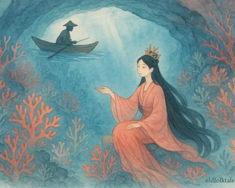 Underwater coral cave glowing as a coral princess warns a fisherman above the waterlin