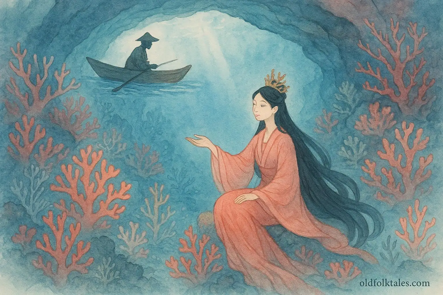 Underwater coral cave glowing as a coral princess warns a fisherman above the waterlin