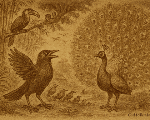 A sepia-toned illustration on aged rice parchment depicts a dramatic folktale scene from Burma. In a forest clearing framed by bamboo groves and distant golden pagodas, a proud crow stands on the left with wings spread and beak open, cawing loudly. Its feathers are rendered in textured ink lines, and its posture is puffed with arrogance. Opposite the crow, a majestic peacock stands gracefully with its tail fully fanned, displaying intricate eye-like patterns in radiant sepia detail. The peacock’s posture is calm and dignified. Surrounding them, various birds — parrots, sparrows, kingfishers — perch on branches and logs, watching the contest. Above, a wise old hornbill sits silently on a high branch, observing. Curious monkeys peek from the bamboo, and a deer and wild boar stand at the edge of the clearing. The ground is covered in fallen leaves and roots, and the background includes forest canopy and temple spires. The illustration is finely detailed with cross-hatching and linework, evoking the style of vintage woodcut prints. “OldFolktales.com” is inscribed in elegant serif font at the bottom right corner.
