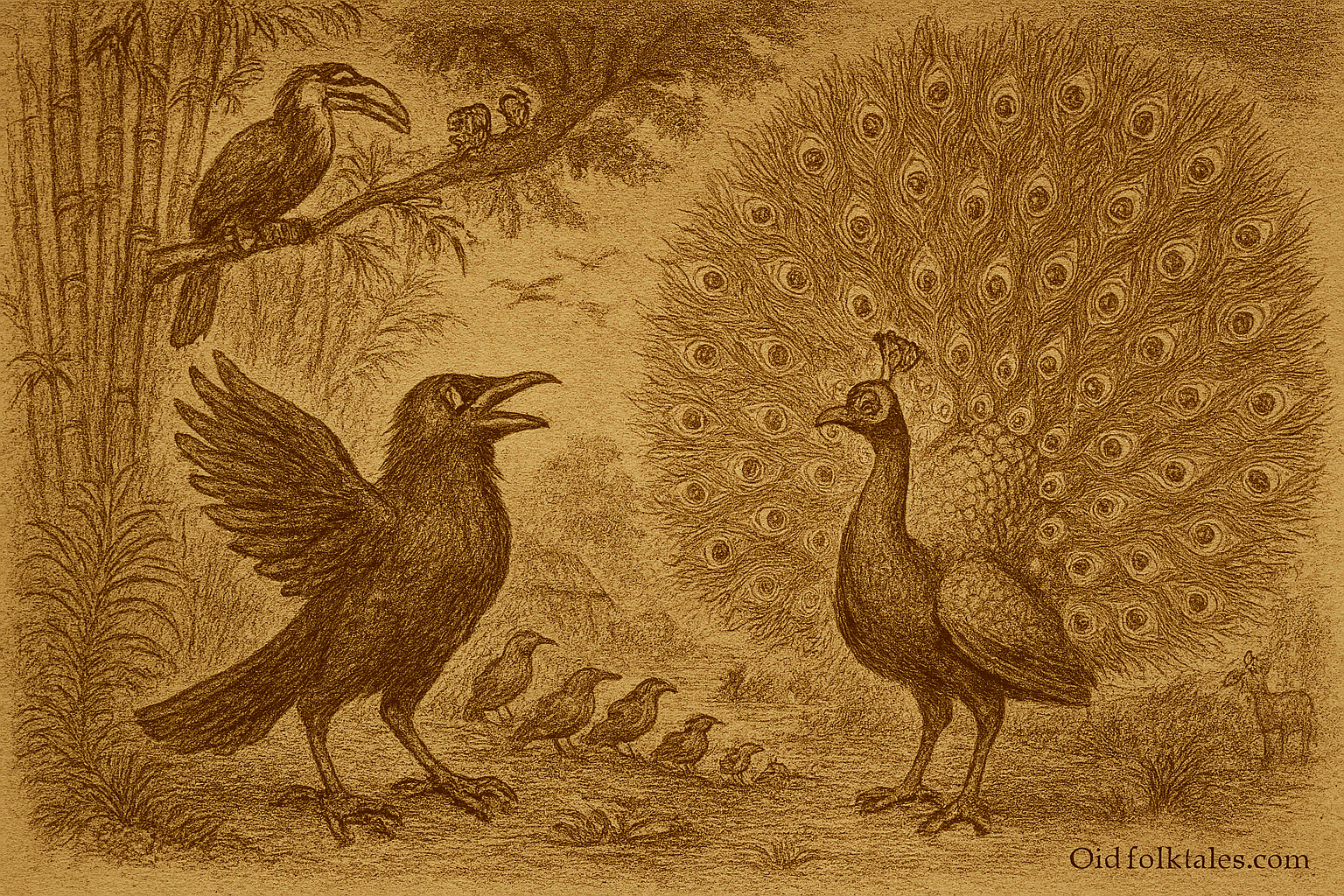 A sepia-toned illustration on aged rice parchment depicts a dramatic folktale scene from Burma. In a forest clearing framed by bamboo groves and distant golden pagodas, a proud crow stands on the left with wings spread and beak open, cawing loudly. Its feathers are rendered in textured ink lines, and its posture is puffed with arrogance. Opposite the crow, a majestic peacock stands gracefully with its tail fully fanned, displaying intricate eye-like patterns in radiant sepia detail. The peacock’s posture is calm and dignified. Surrounding them, various birds — parrots, sparrows, kingfishers — perch on branches and logs, watching the contest. Above, a wise old hornbill sits silently on a high branch, observing. Curious monkeys peek from the bamboo, and a deer and wild boar stand at the edge of the clearing. The ground is covered in fallen leaves and roots, and the background includes forest canopy and temple spires. The illustration is finely detailed with cross-hatching and linework, evoking the style of vintage woodcut prints. “OldFolktales.com” is inscribed in elegant serif font at the bottom right corner.