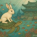 A rabbit riding a turtle toward an underwater palace in Korean folklore.