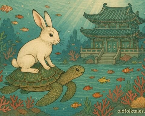 A rabbit riding a turtle toward an underwater palace in Korean folklore.