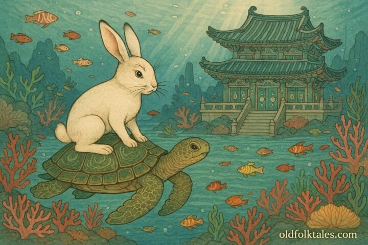 A rabbit riding a turtle toward an underwater palace in Korean folklore.