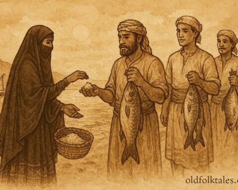Parchment-style illustration of a Yemeni woman trading salt with fishermen on the Tihama coast.