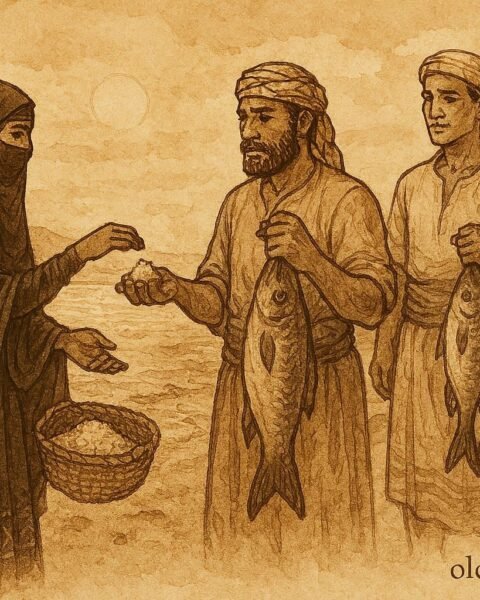Parchment-style illustration of a Yemeni woman trading salt with fishermen on the Tihama coast.