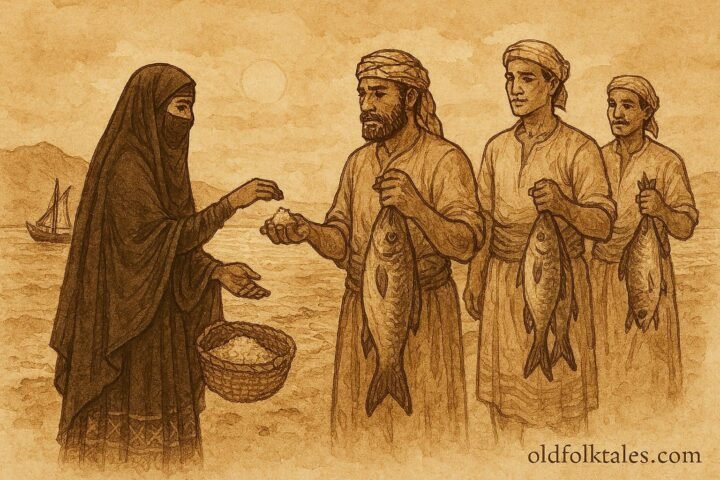 Parchment-style illustration of a Yemeni woman trading salt with fishermen on the Tihama coast.