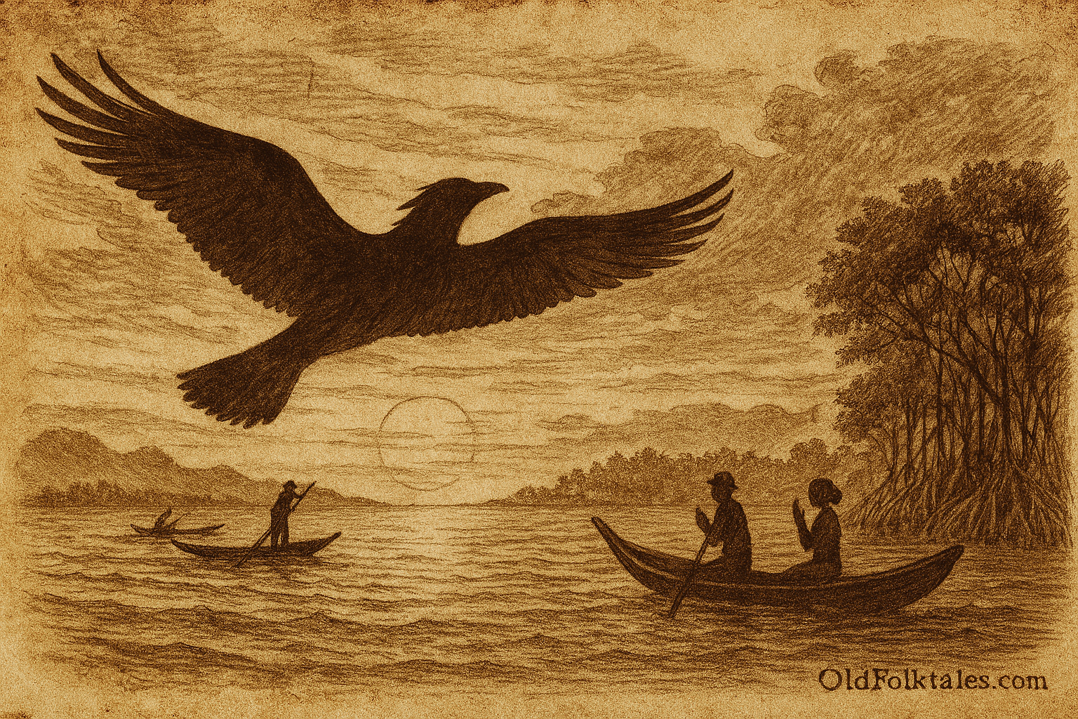 Sepia-toned illustration on aged rice parchment depicting a Brunei folktale scene at Pulau Selirong. A massive shadowy bird with outstretched wings soars across a dramatic sunset sky, silhouetted against the glowing sun. Below, fishermen in traditional wooden boats look up in awe and concern as the bird glides above the mangrove-lined shoreline. The calm sea reflects the fiery hues of orange and crimson from the sky. “OldFolktales.com” is inscribed at the bottom right corner.