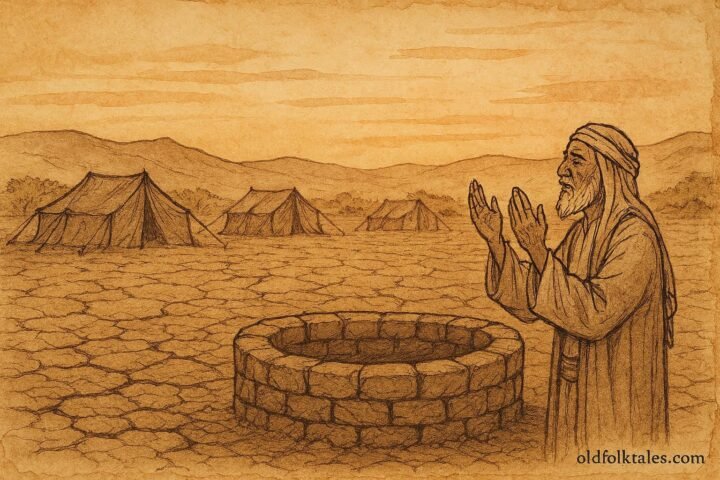 Parchment-style artwork of an Omani elder praying at dawn in Sharqiyah before Bilad’s arrival