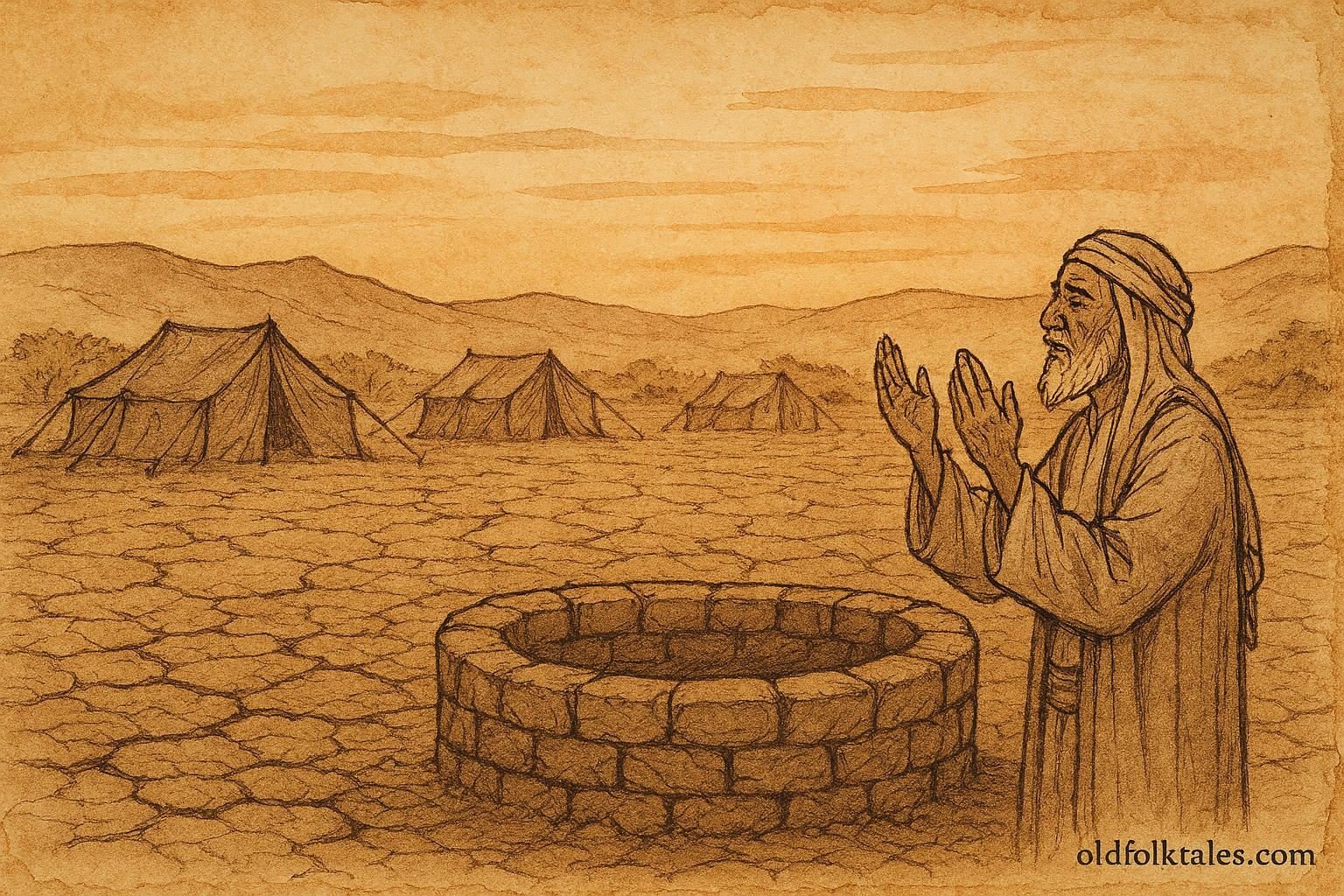 Parchment-style artwork of an Omani elder praying at dawn in Sharqiyah before Bilad’s arrival