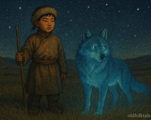 A young shepherd standing beside a glowing blue wolf on the Mongolian steppe at night.