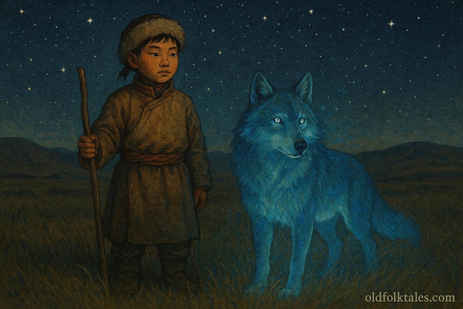 A young shepherd standing beside a glowing blue wolf on the Mongolian steppe at night.