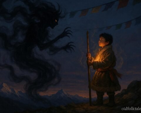 A young Tibetan shepherd chanting as a smoky demoness rises on a mountain ridge.