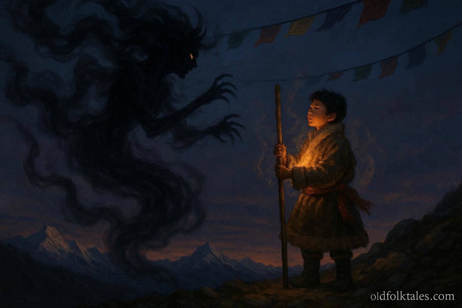 A young Tibetan shepherd chanting as a smoky demoness rises on a mountain ridge.
