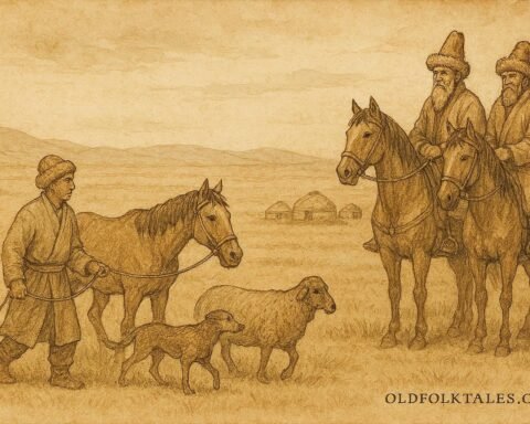 Parchment-style illustration of a Kazakh shepherd returning lost livestock.