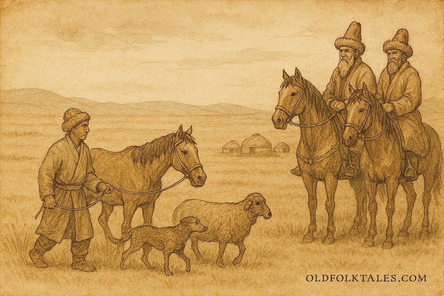 Parchment-style illustration of a Kazakh shepherd returning lost livestock.