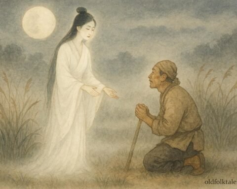A glowing woman spirit teaching a farmer in a moonlit field surrounded by tall grasses.