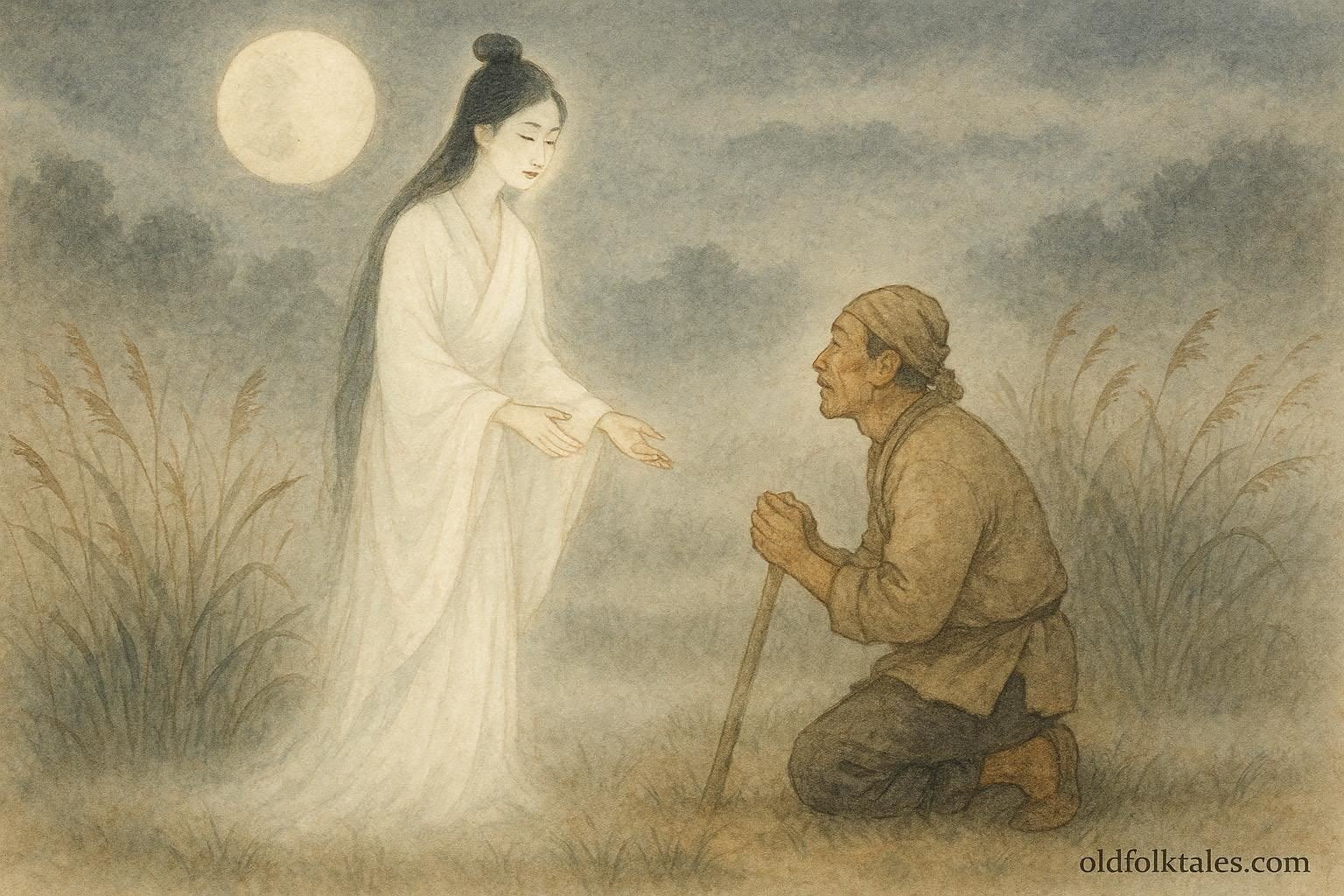 A glowing woman spirit teaching a farmer in a moonlit field surrounded by tall grasses.
