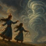 Two sisters confront a swirling wind spirit on a Mongolian ridge.