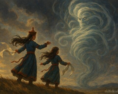 Two sisters confront a swirling wind spirit on a Mongolian ridge.