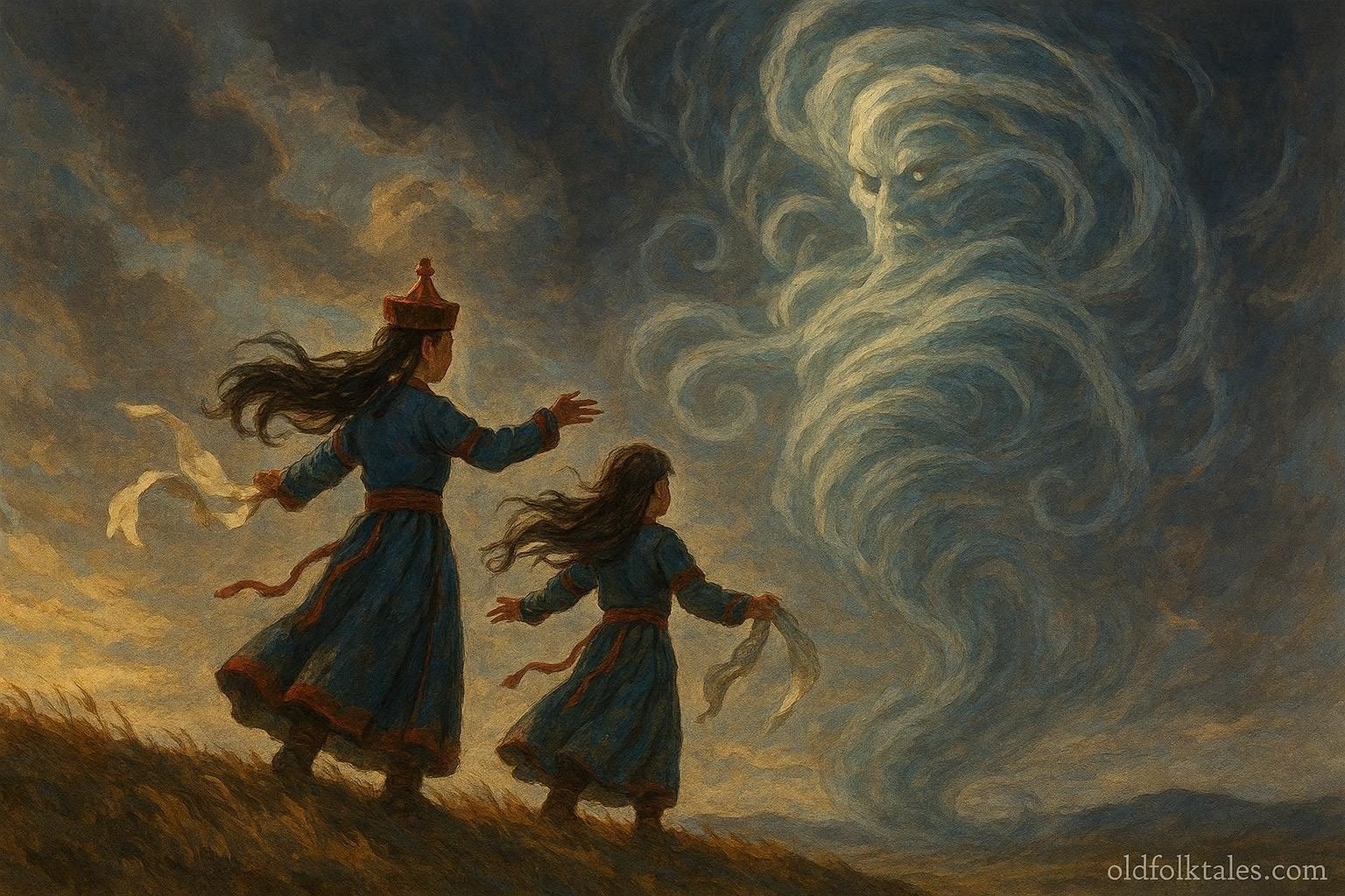 Two sisters confront a swirling wind spirit on a Mongolian ridge.