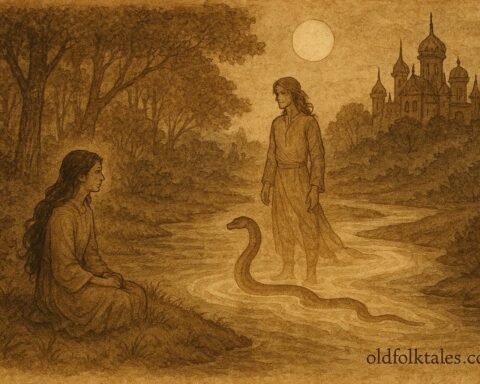 Parchment-style artwork of the Snake Bride beside a river, Uzbek folktale scene.