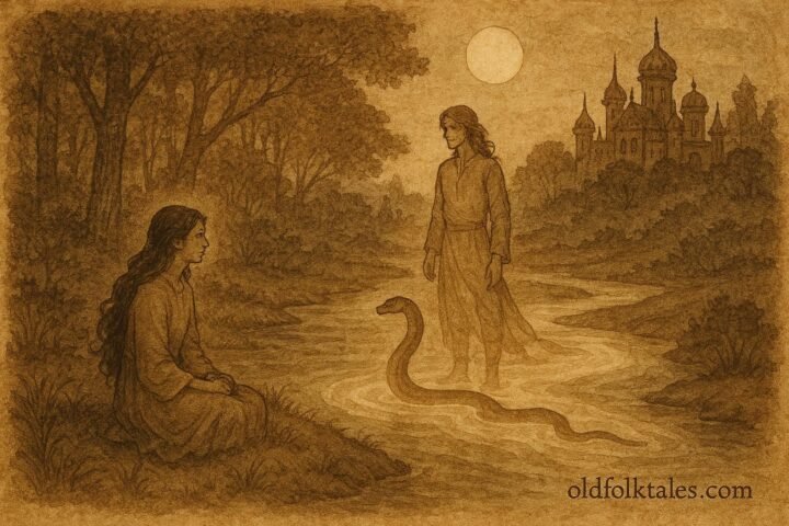 Parchment-style artwork of the Snake Bride beside a river, Uzbek folktale scene.