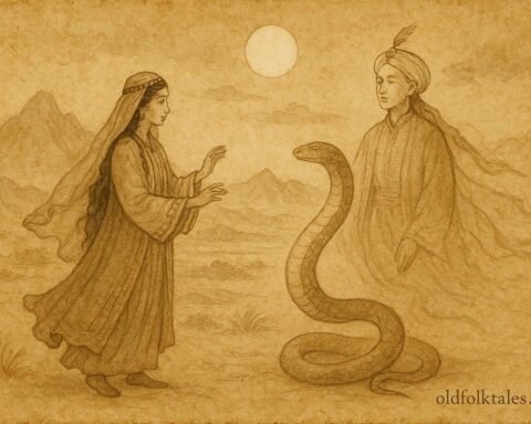 Parchment-style artwork of a serpent prince transforming under moonlight, Uzbek folktale scene.