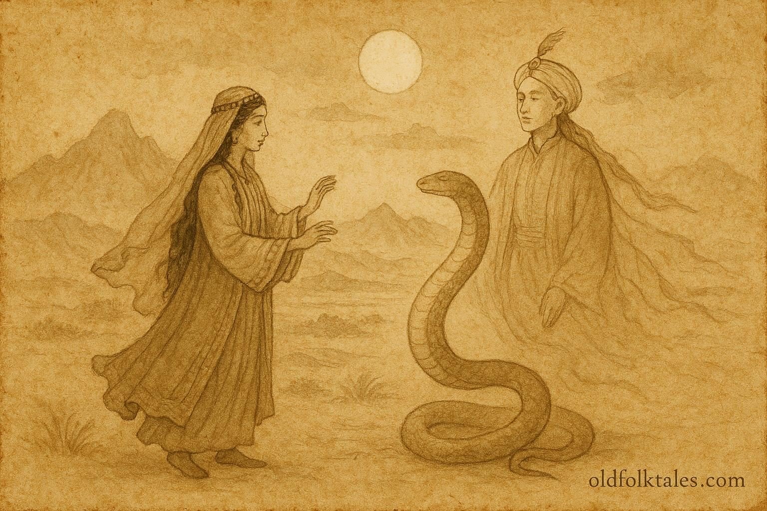 Parchment-style artwork of a serpent prince transforming under moonlight, Uzbek folktale scene.