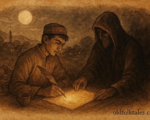 Parchment-style artwork of a young man bargaining with a merchant, Uzbek folktale scene.