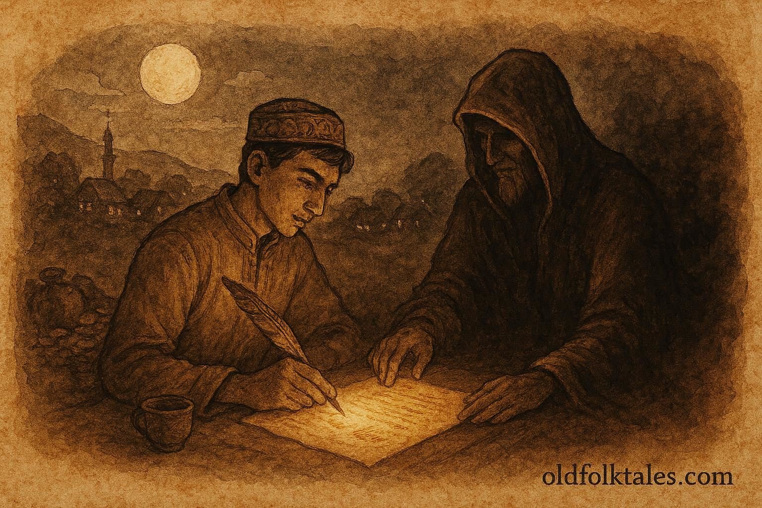 Parchment-style artwork of a young man bargaining with a merchant, Uzbek folktale scene.