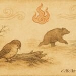 Parchment-style illustration of a sparrow seeking justice against a bear, Lebanese folktale scene.