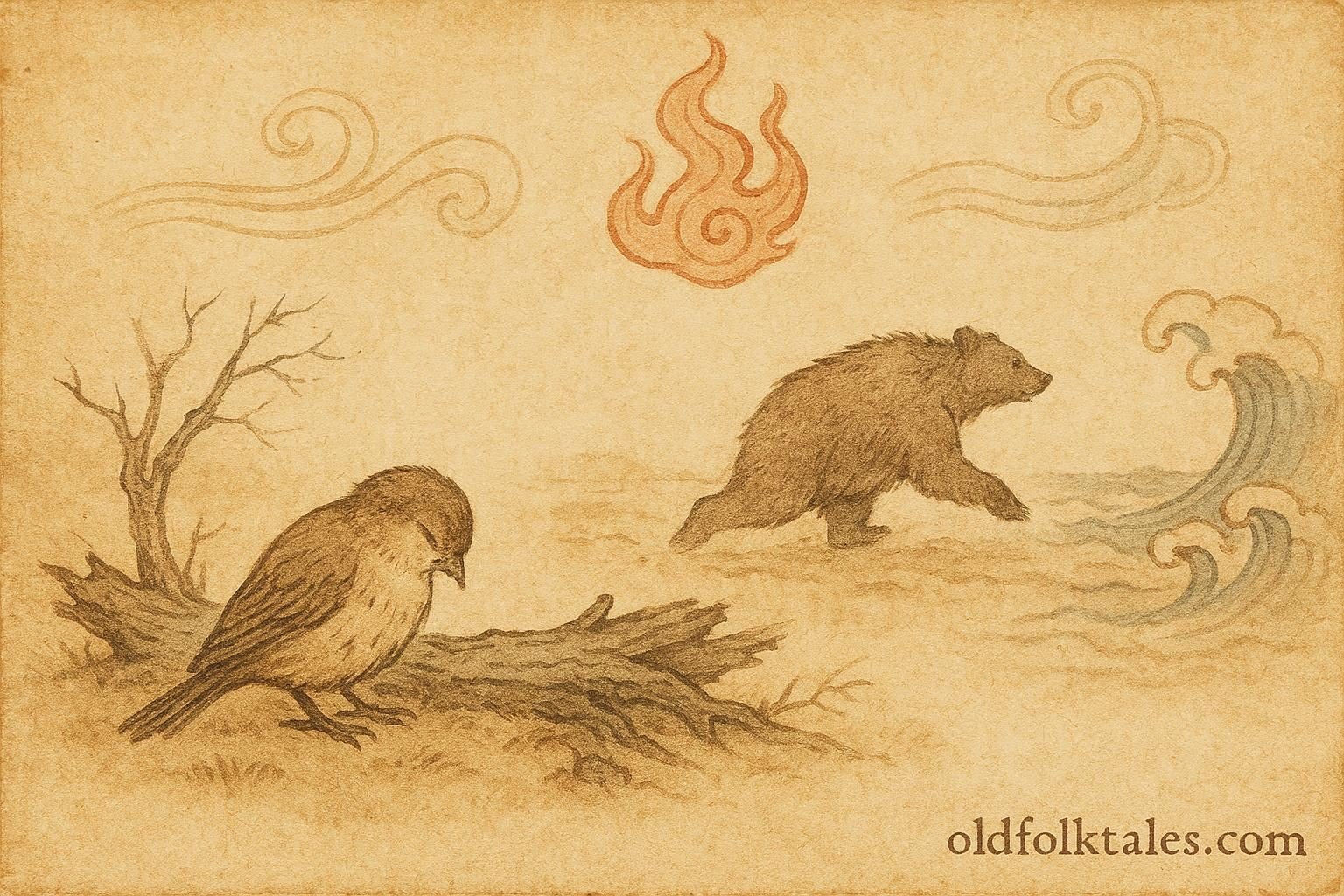 Parchment-style illustration of a sparrow seeking justice against a bear, Lebanese folktale scene.