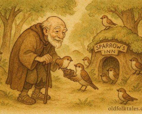An old man receiving a gift from sparrows in a forest inn, Japanese folktale.